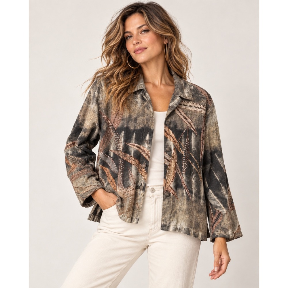 Chico's Embroidered Art to Wear Jacket Boho Lagenlook Utility Size 1 Medium